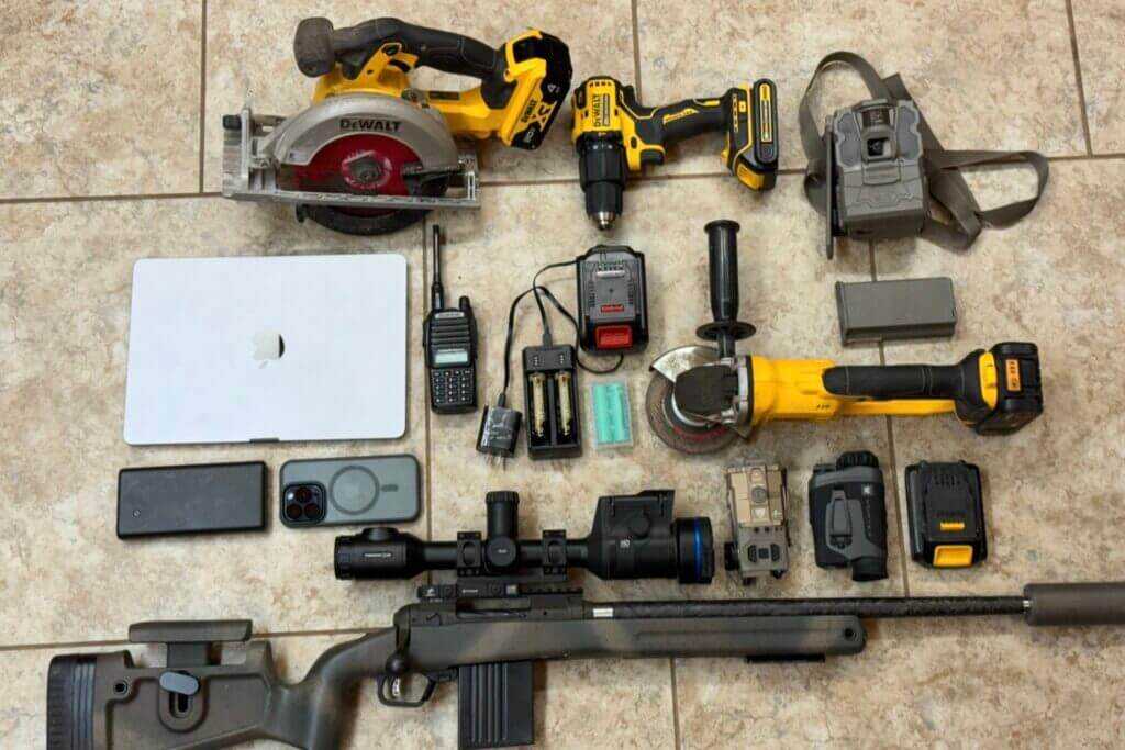 Household lithium-ion battery devices including gear used for shooting, hunting, and everyday power needs