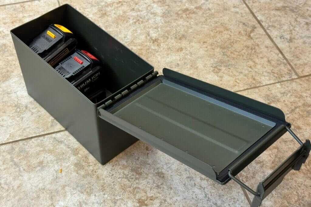 Metal ammo can used as a practical lithium-ion battery storage container