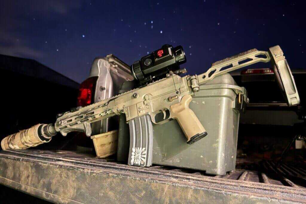 Brownells BRN-180S hunting setup with Silencerco Hybrid 46 suppressor and ATN ThOR 6 Mini 256 thermal scope
