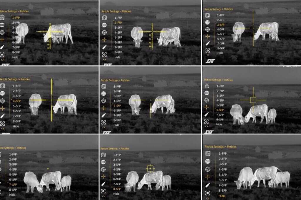 Nine DNT Hydra HS335R reticle options including hide mode for scanning and video
