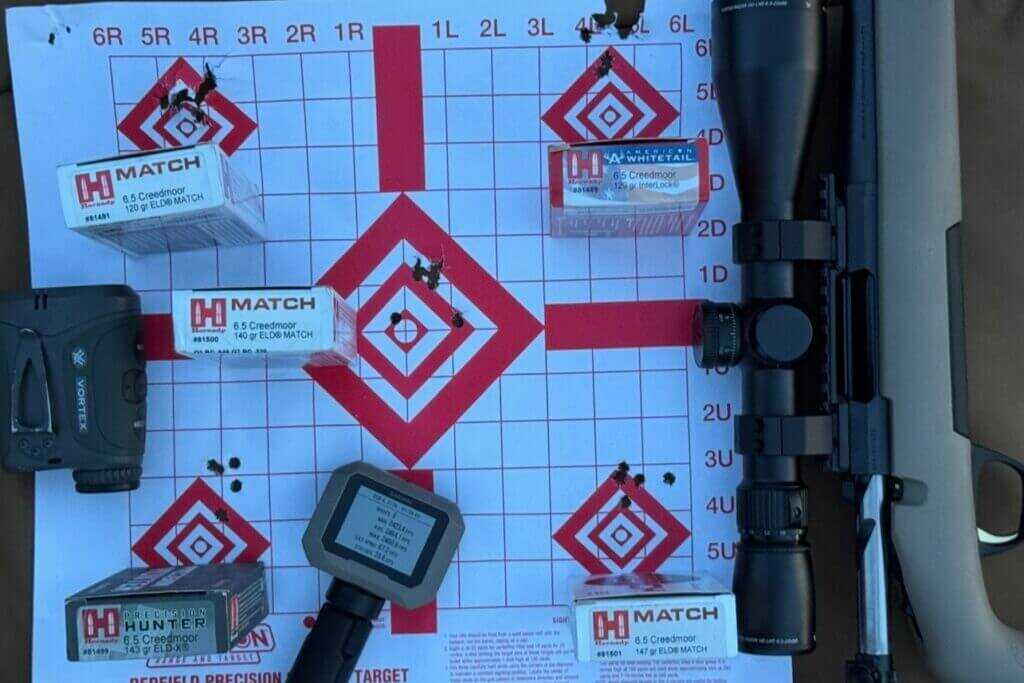Five-shot groups from the Browning X-Bolt 2 Special Max LR SPR with Hornady 6.5 Creedmoor factory loads