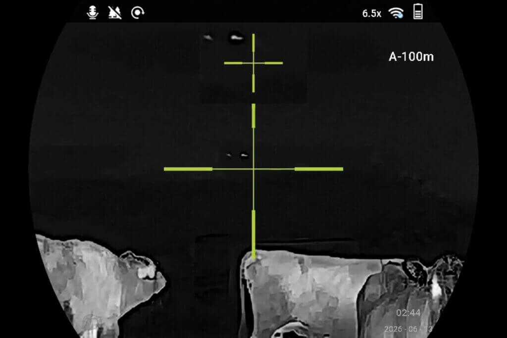 ATN ThOR 6 Mini 256 thermal view showing close cows at around 40 yards and distant cow heat blobs around 800 yards