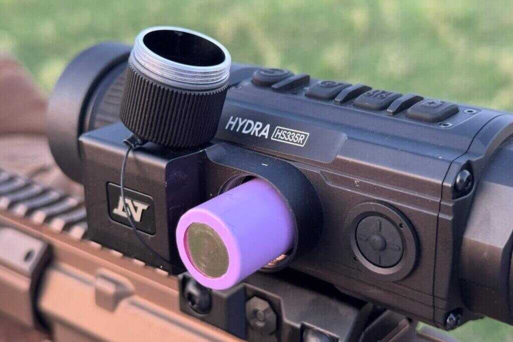 Flat-top 18650 battery used to power the DNT Hydra HS335R thermal scope