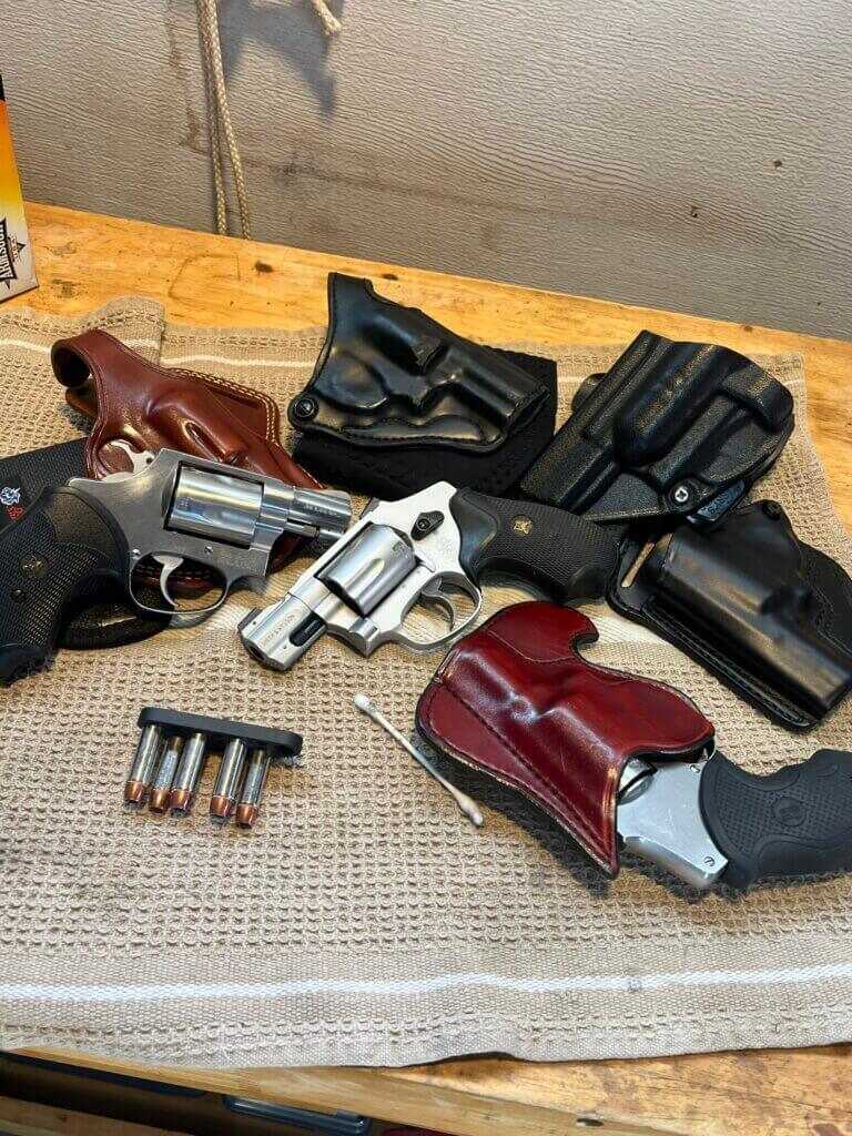 J-Frame revolvers with concealed carry holsters for pocket and waistband carry