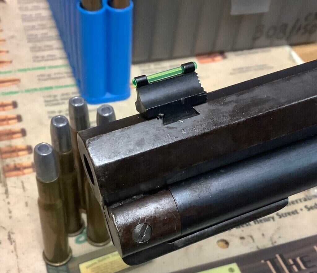 Green fiber optic front sight installed on a Winchester 1894 takedown for low light hunting