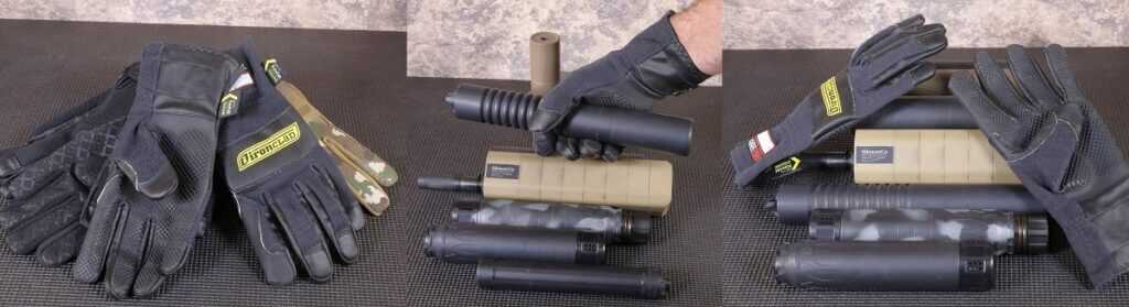 Ironclad Performance Wear gloves including HeatWorx gloves shown with suppressors for range use
