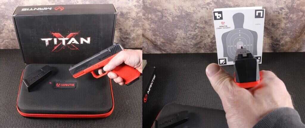 Mantis Titan X dryfire training system with laser feedback on target for pistol practice