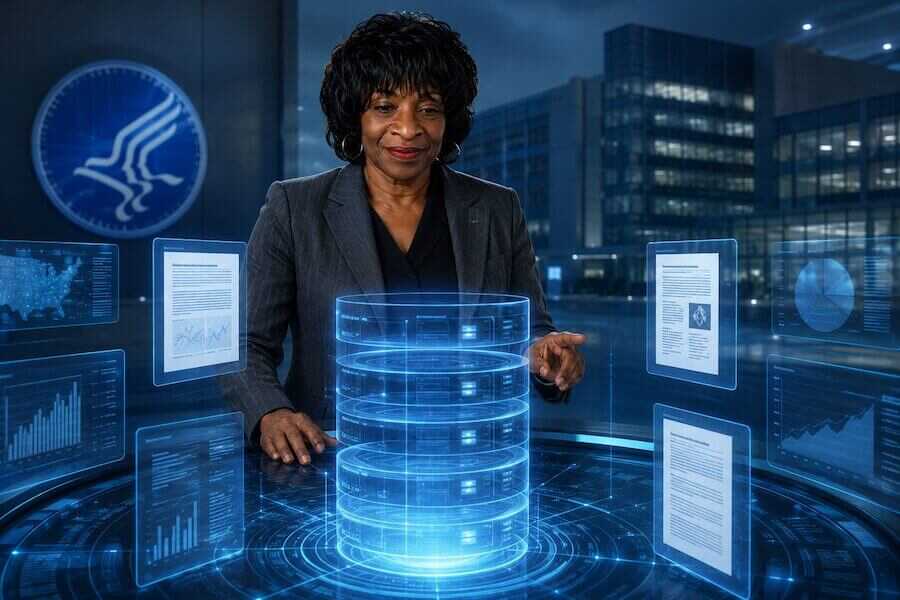 Congresswoman Valerie Foushee stands over a futuristic digital research database surrounded by holographic reports, charts, and public health data displays, symbolizing her proposal to create a federal gun violence research database.