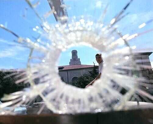 Bullet hole view toward Charles Whitman position atop the UT Tower during the Texas Tower sniper attack