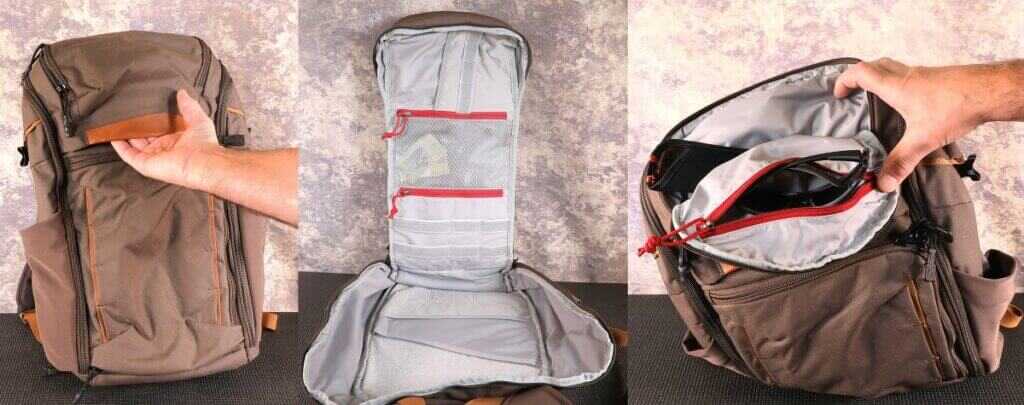 Vertyx 22L Gamut concealed carry backpack showing grab handle, clamshell opening, and eyewear pouch