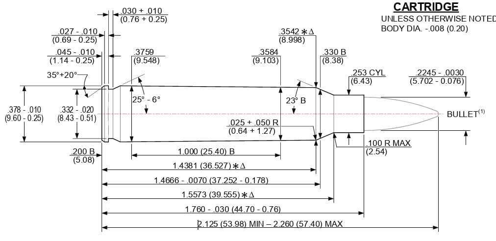 SAAMI technical drawing showing .223 Remington cartridge dimensions and specifications