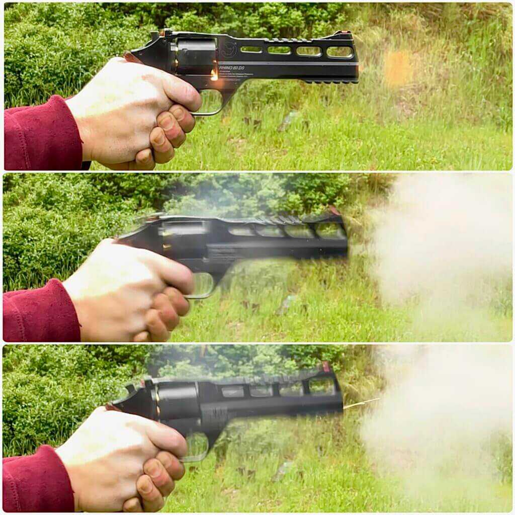 Slow motion ignition frames from the Chiappa Rhino 60 DS 10mm showing muzzle flash and the initial low-axis recoil impulse