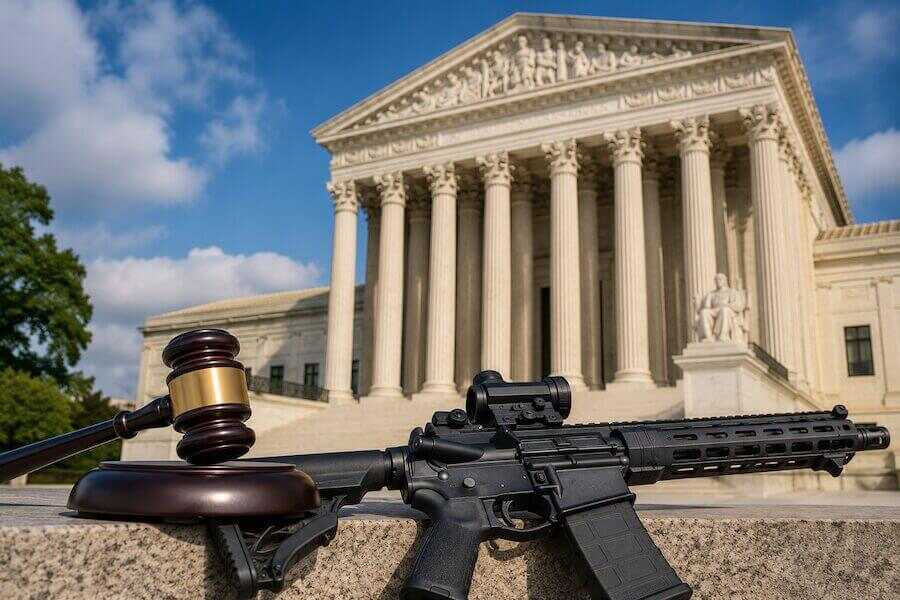 An AR-style rifle rests in front of the U.S. Supreme Court building beside a judge's gavel, symbolizing the Court's upcoming review of state assault weapon bans.