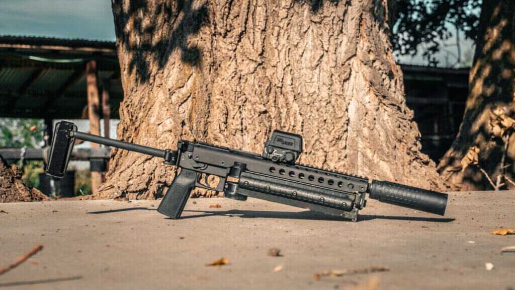 5.7x28mm cartridges positioned perpendicular to the bore inside a KelTec KP50 magazine