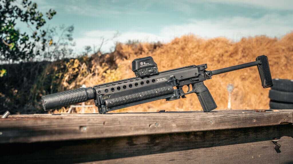 KelTec KP50 5.7x28mm large-format pistol with horizontally mounted 50-round magazine