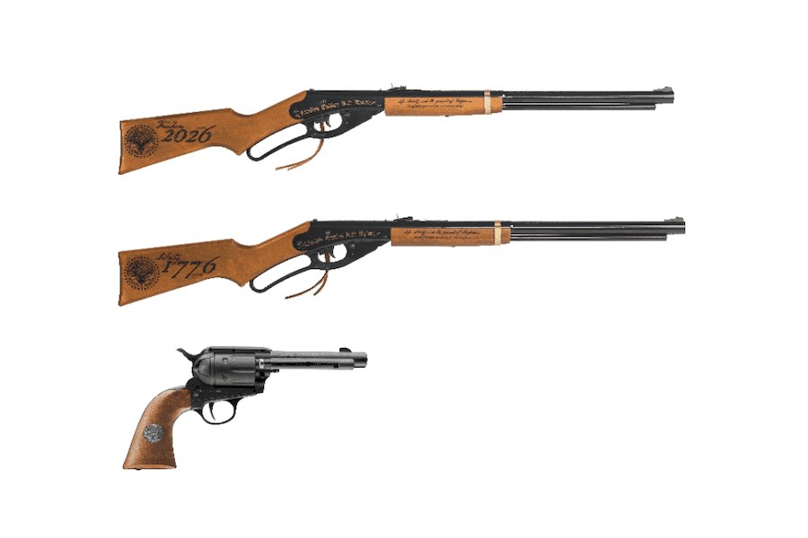 Three limited-edition Daisy Red Ryder BB guns commemorate America's 250th anniversary, including two engraved lever-action carbines and a CO2-powered revolver.