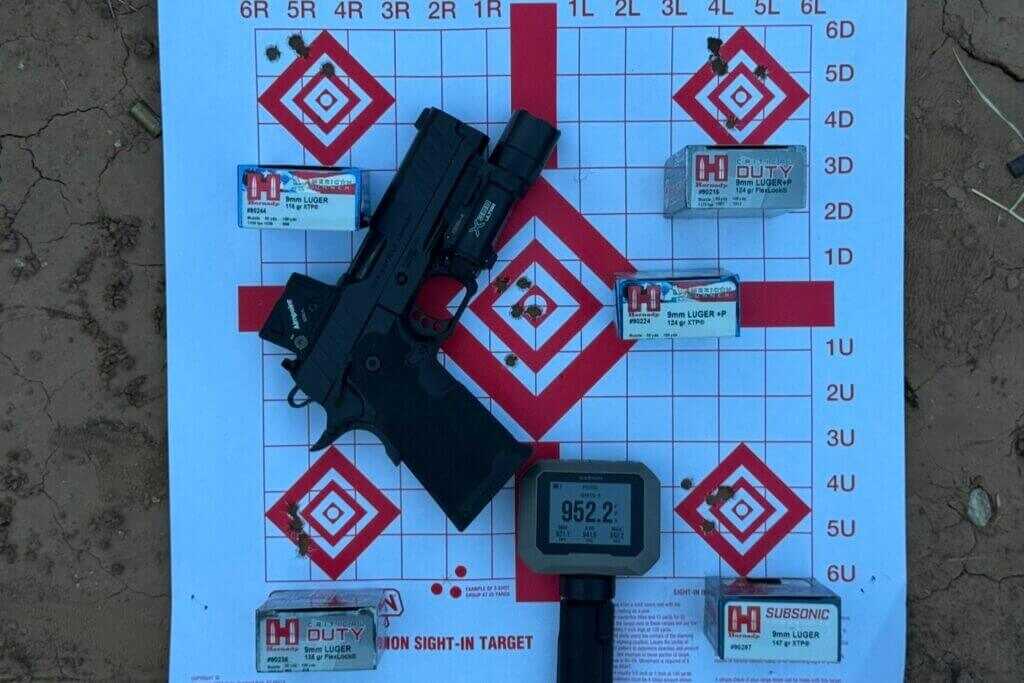 Five-round Prodigy COA accuracy groups fired at 10 yards with Hornady 9mm ammunition