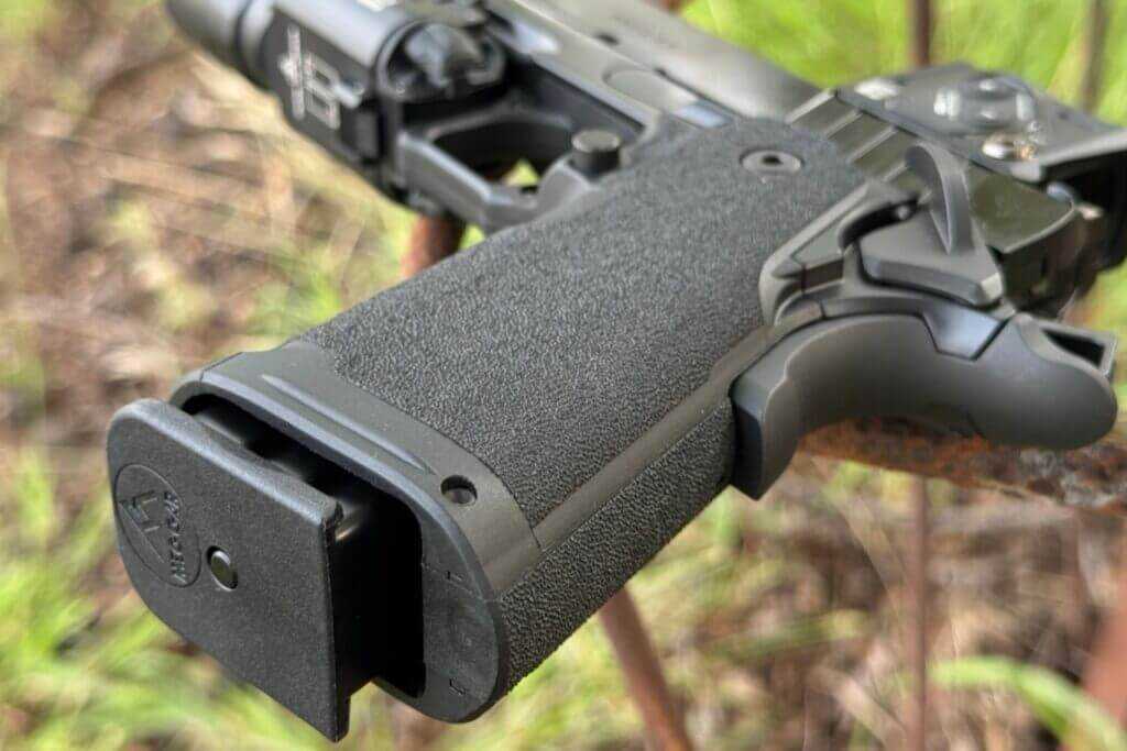 Close view of the textured polymer grip module on the Springfield Prodigy COA