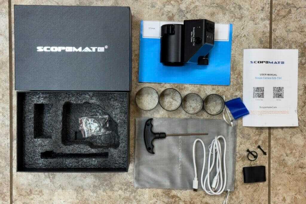 ScopeMate S28-TSC Max scope camera package with included adapters, cable, bag, and installation accessories