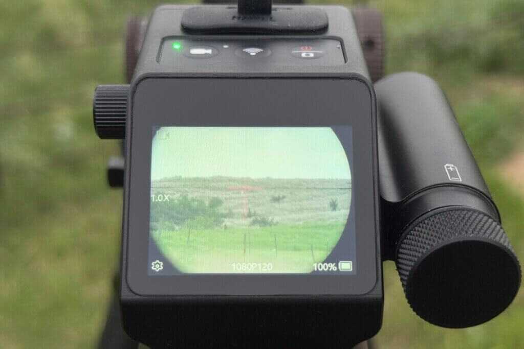 ScopeMate S28-TSC Max touchscreen showing the rifle scope recording view and camera controls