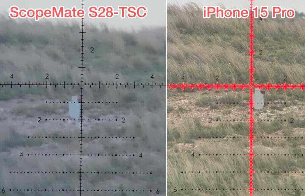 ScopeMate S28-TSC Max versus cellphone image-quality comparison showing differences in grass detail