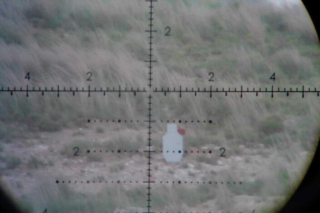 ScopeMate S28-TSC Max image of a TA Targets steel silhouette at 625 yards through a rifle scope