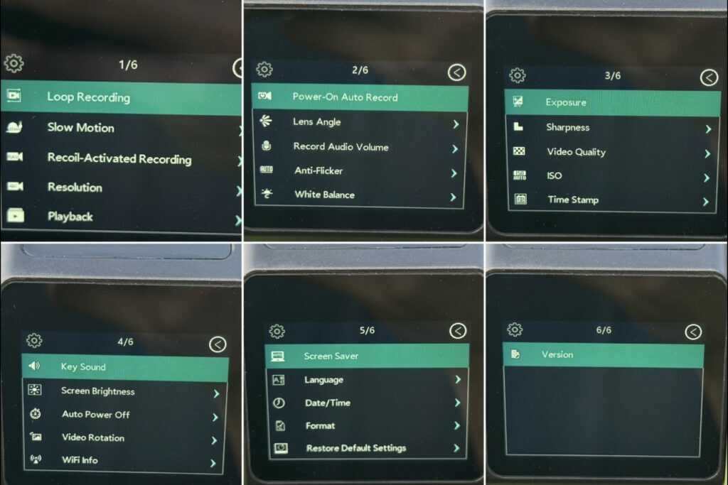 ScopeMate S28-TSC Max touchscreen submenus for resolution, frame rate, ISO, Wi-Fi, playback, and image settings