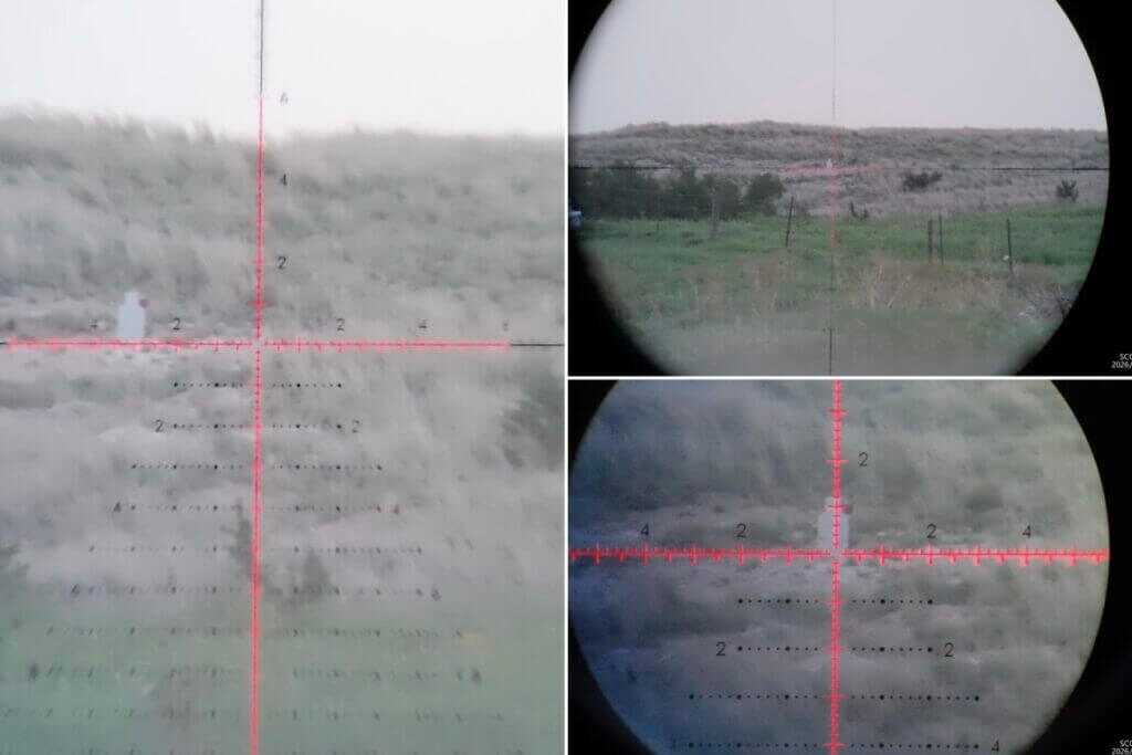 ScopeMate S28-TSC Max images at multiple scope magnifications of a target 625 yards away
