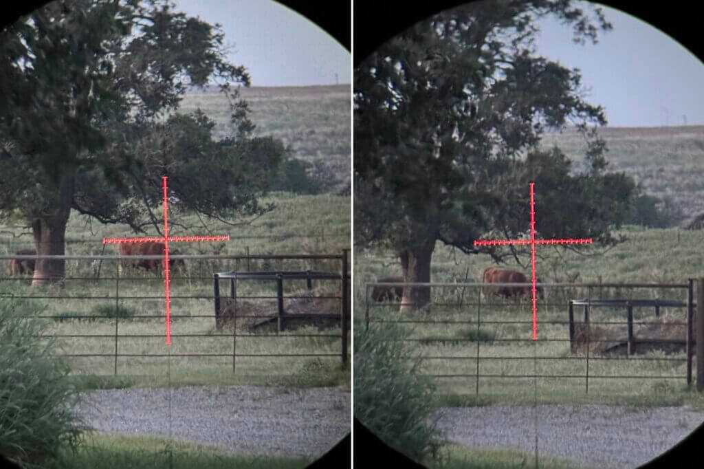 Low-light comparison through a rifle scope with and without the ScopeMate S28-TSC Max installed