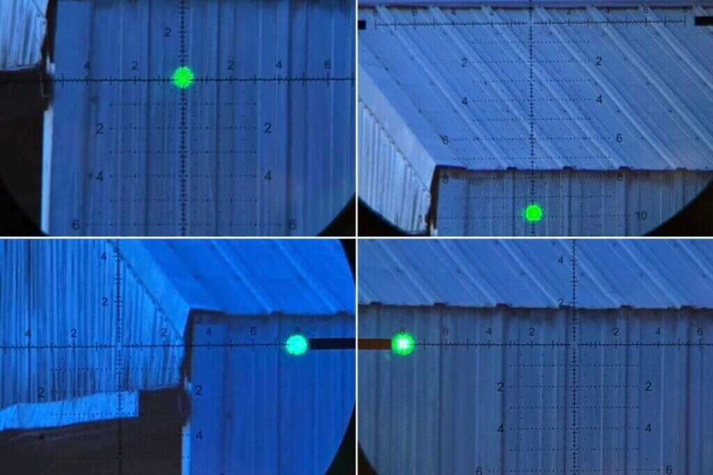 Arken EP-5 GENII tracking test showing zero, 10 mil elevation, 8 mil left, and 8 mil right adjustments