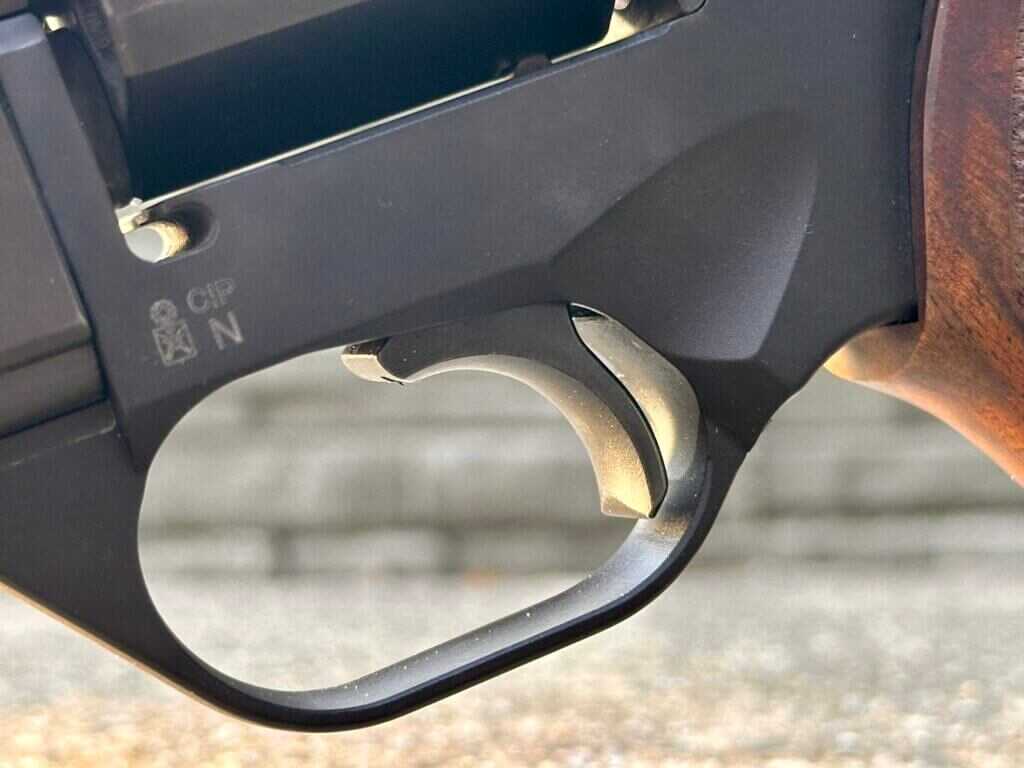 Closeup of the Chiappa Rhino 60 DS 10mm trigger cocked for a crisp 2.5 lb single-action break