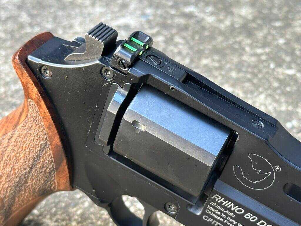 Closeup of the Chiappa Rhino 60 DS rear green fiber optic sight and adjustable sight assembly