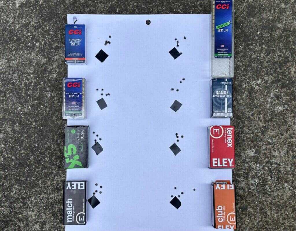 Savage 110 RF Elite Precision 50-yard .22 LR accuracy target showing groups from multiple ammunition loads