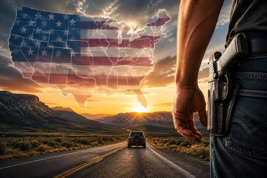 A concealed handgun carrier stands beside an American highway as a U.S. map overlays the sky, symbolizing the debate over National Right-to-Carry Reciprocity.
