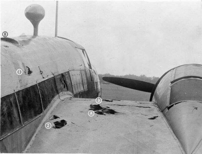 James Ward's damaged Vickers Wellington showing axe-cut handholds and the astrodome used during his wing crawl