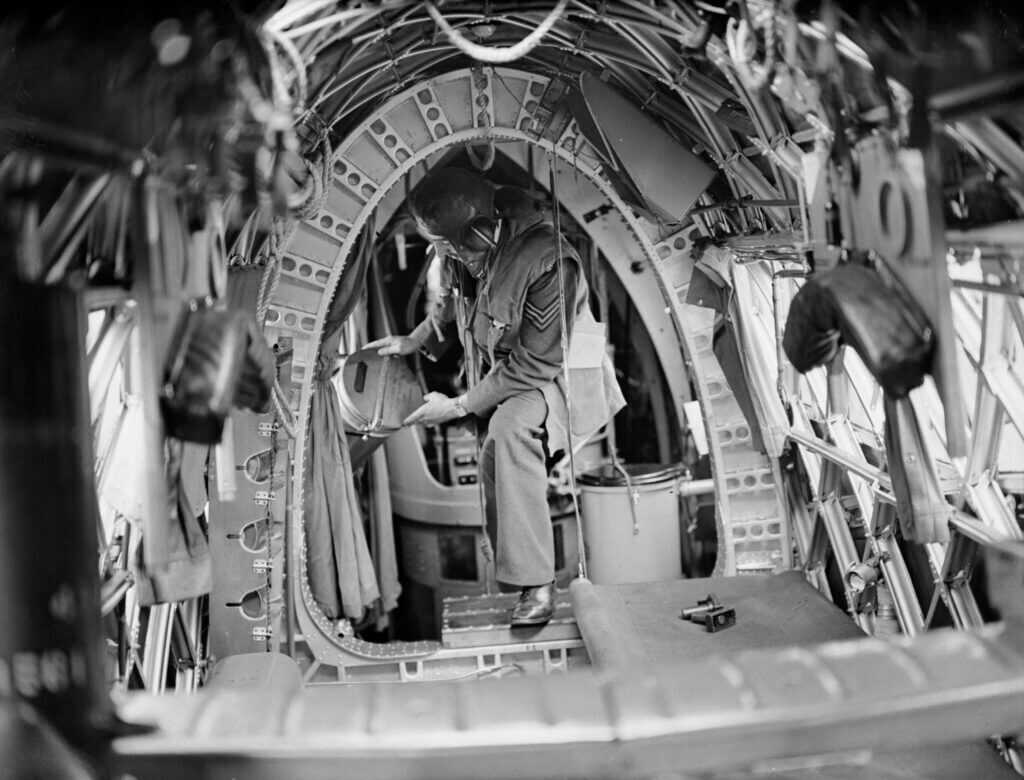Interior of an RAF Vickers Wellington bomber showing the cramped wartime crew compartment