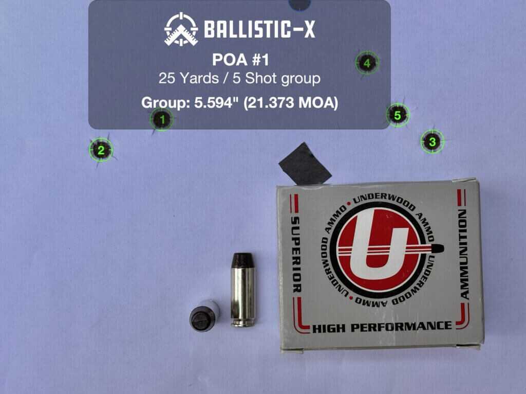 Underwood 200 grain hard cast flat nose 25-yard target from the Chiappa Rhino 60 DS 10mm accuracy test