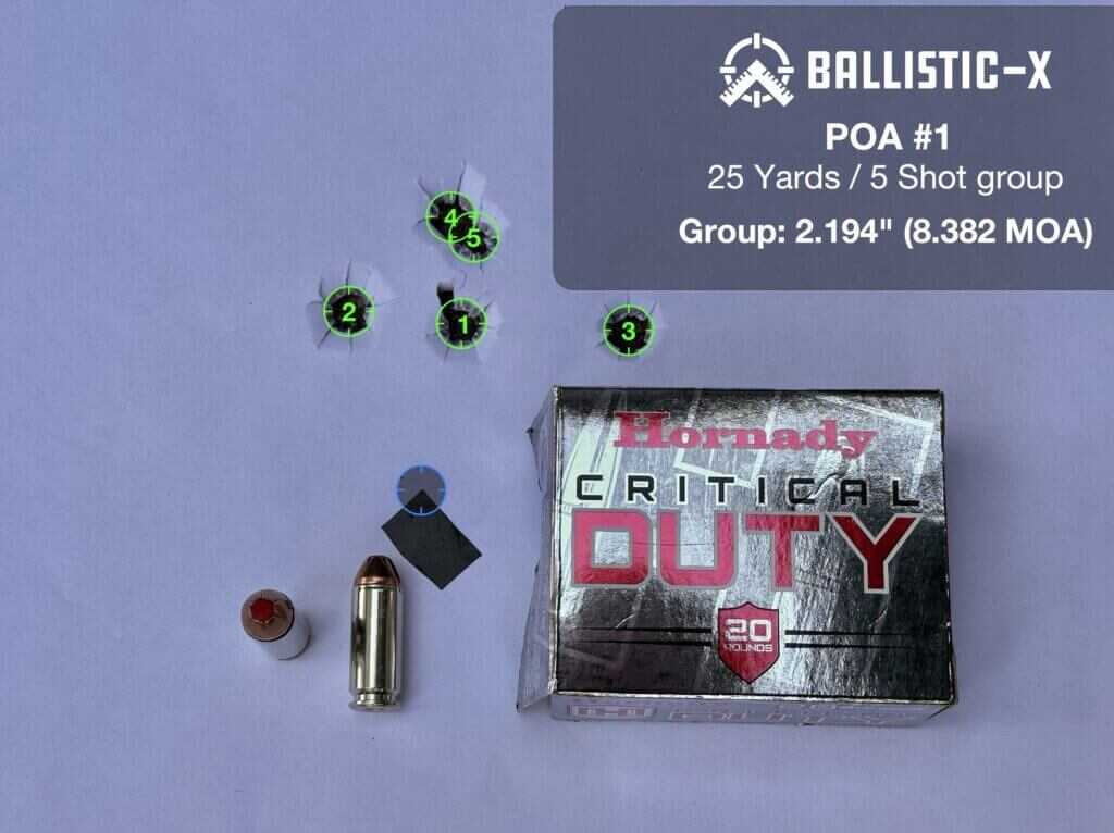 Hornady Critical Duty 175 grain FlexLock 25-yard group fired from the Chiappa Rhino 60 DS 10mm