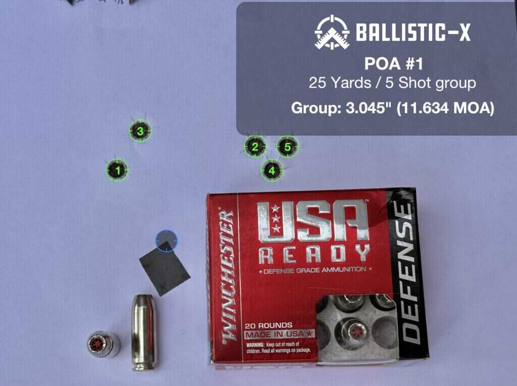 Winchester USA Ready 170 grain 25-yard target from the Chiappa Rhino 60 DS 10mm accuracy test