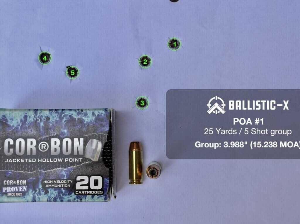 Cor-Bon 150 grain JHP 25-yard target from the Chiappa Rhino 60 DS 10mm accuracy test showing a 3.99 inch group