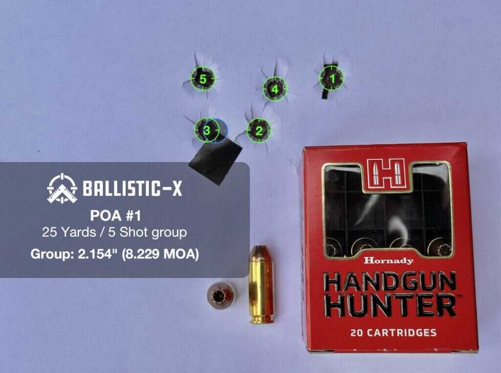 Hornady Handgun Hunter 135 grain Monoflex 25-yard group from the Chiappa Rhino 60 DS 10mm