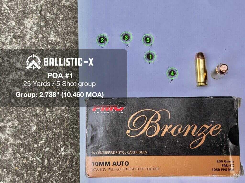 PMC Bronze 200 grain FMJ-TC 25-yard group from the Chiappa Rhino 60 DS 10mm accuracy test