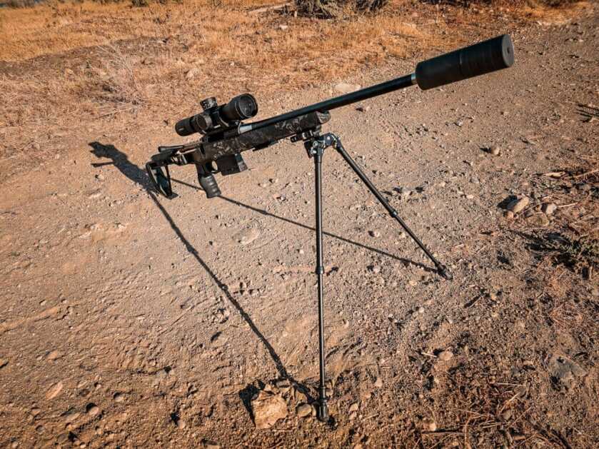 Hatch High Country Lite hunting bipod fully extended to 20 inches for seated field shooting
