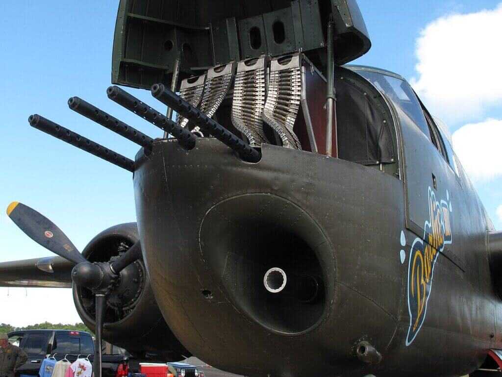 B25H Mitchell gunship nose armed with a 75mm cannon and multiple forward-firing .50-caliber guns