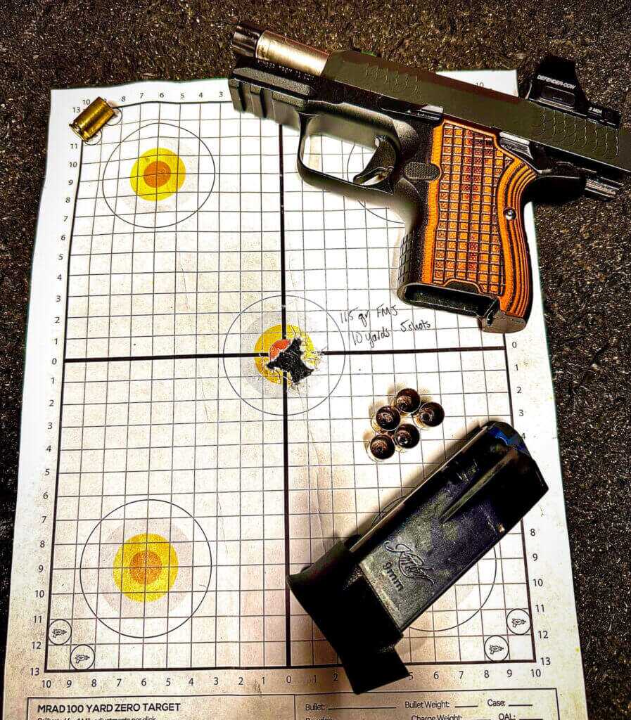 Kimber CDS9 10 yard accuracy target fired with 115 gr. FMJ Monarch Brass ammunition