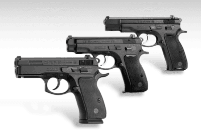 CZ 75 P-01, CZ 75 Compact and CZ 75 B pistols displayed together