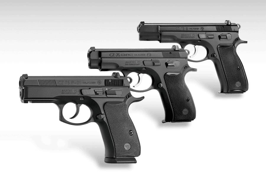 CZ 75 P-01, CZ 75 Compact and CZ 75 B pistols displayed together