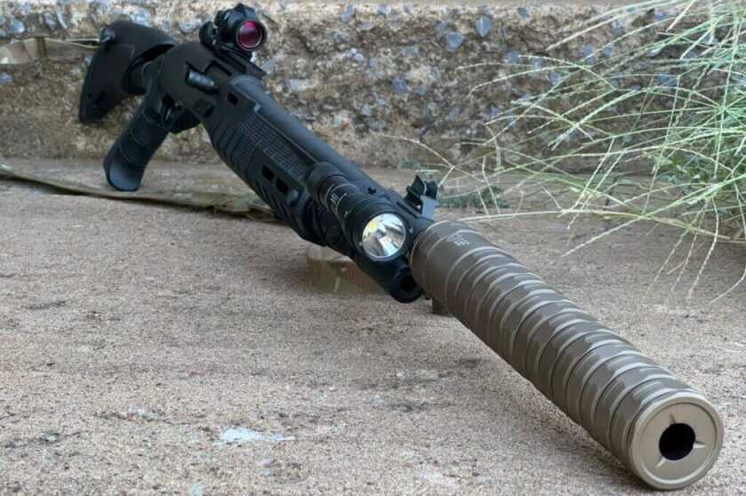 Suppressed Benelli M2-G1 with JK Armament 195 SGX suppressor and Streamlight ProTac weapon light
