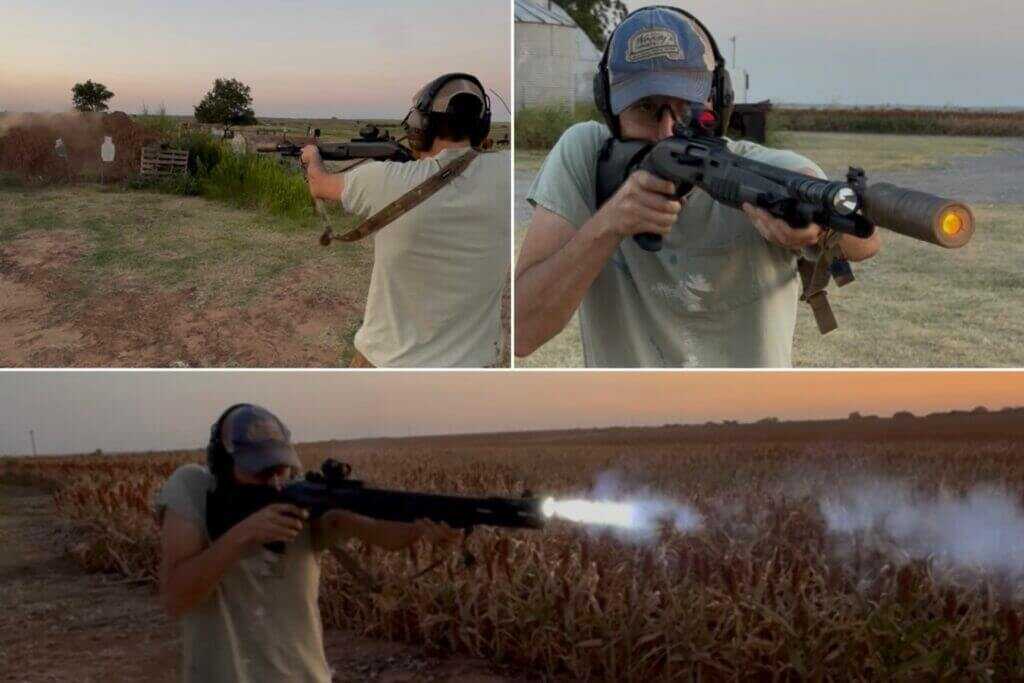 Benelli M2-G1 tactical shotgun firing during rapid range testing