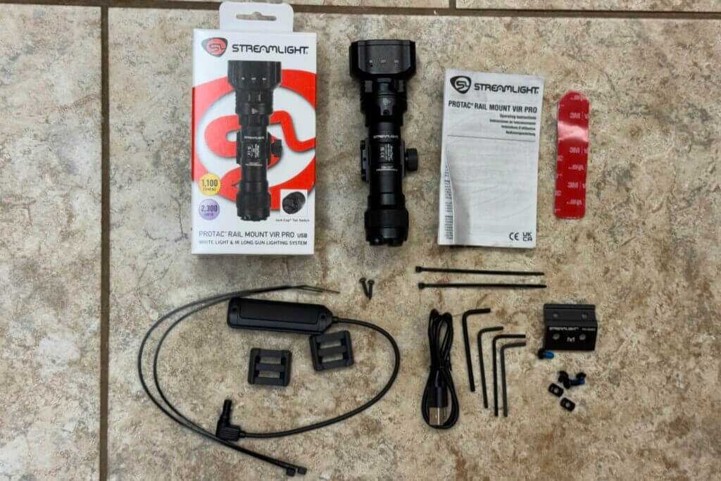 Streamlight ProTac Rail Mount VIR Pro kit with mounts, pressure switch, SL-B26 battery, charger, and hardware